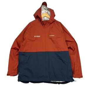 Simms Rain Jacket Mens XL Orange Navy Waterproof Hooded Fishing Company Logo